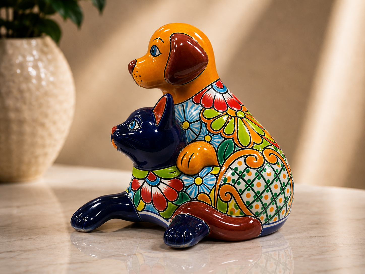 Talavera Dog & Cat Figure