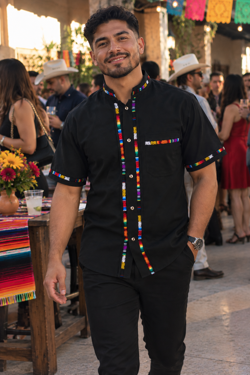 Mexican Guayabera - Black 100% Manta
