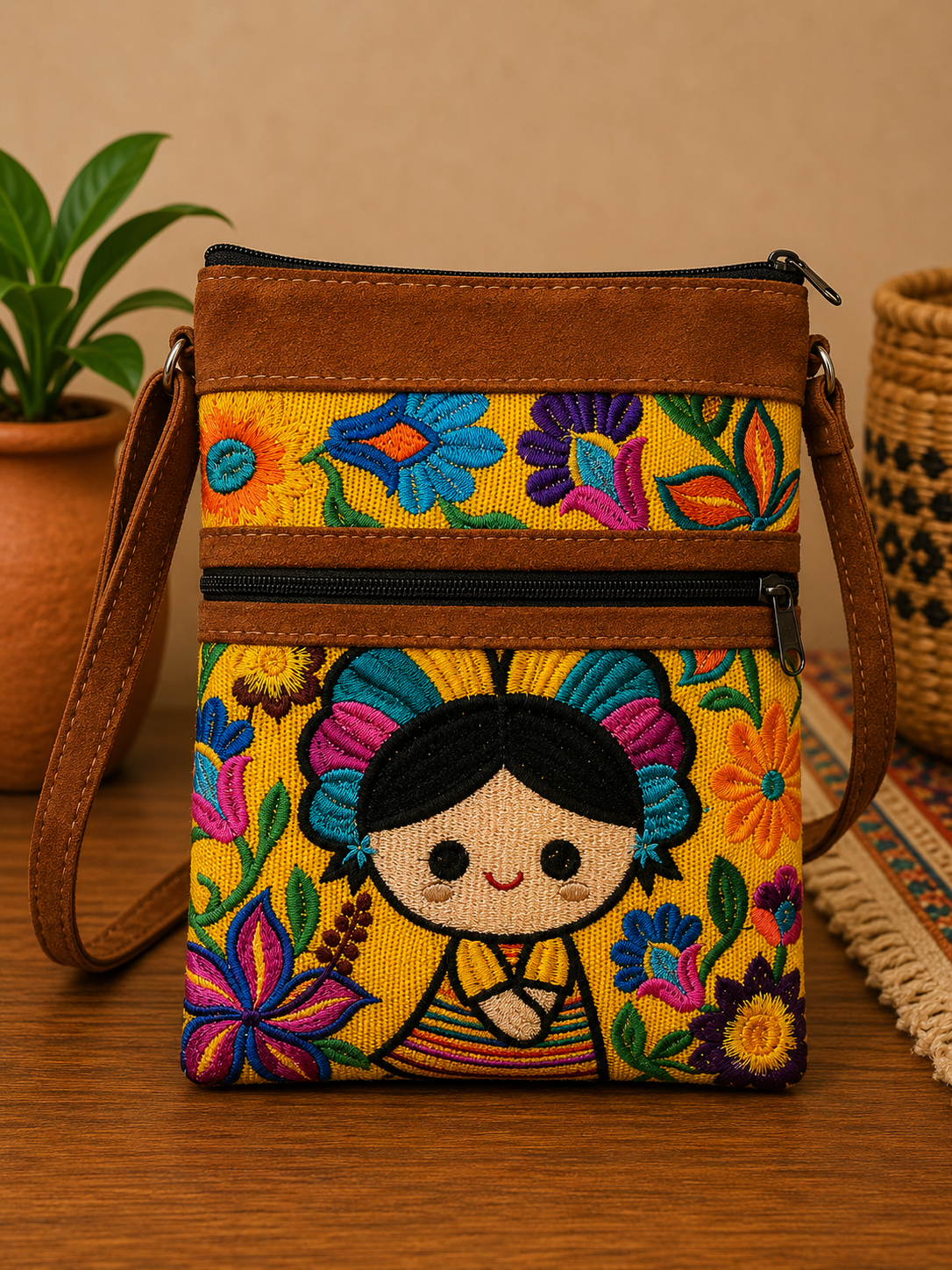 Guatemalan Embroidered "Indi Doll Leathr Crossbody Purse