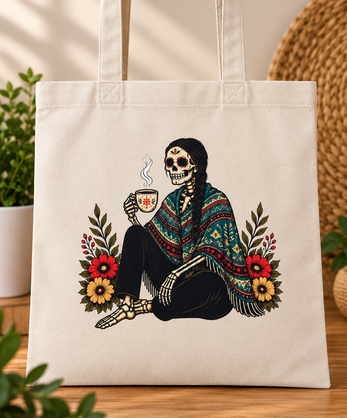 Biege Day of the Dead Morning Coffee Tote Bag