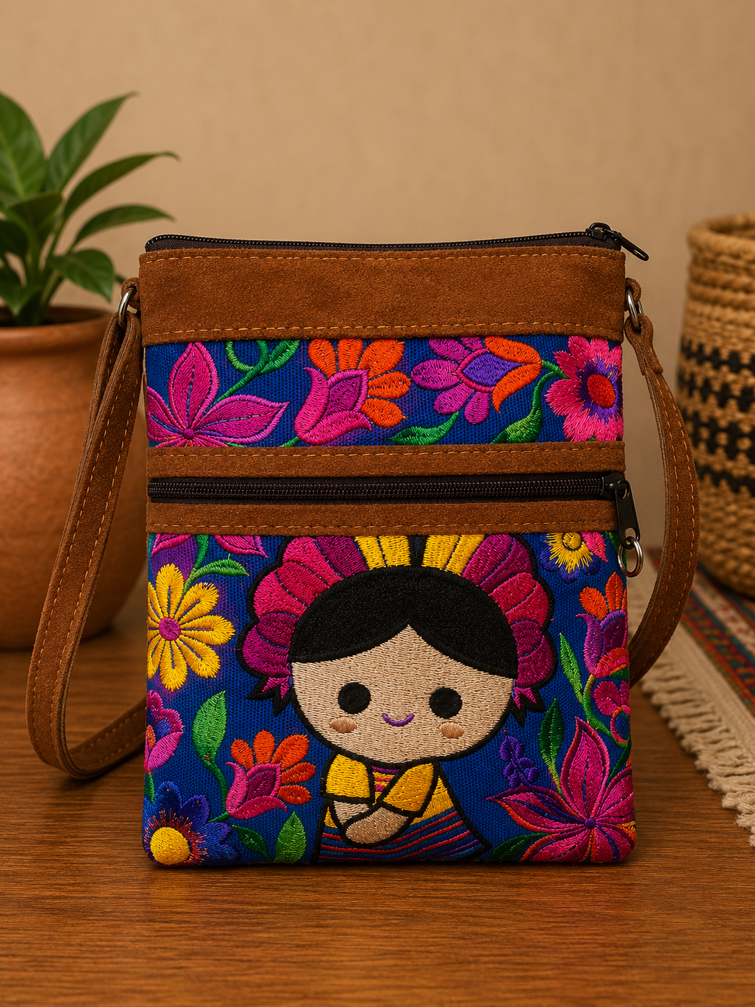 Guatemalan Embroidered "Indi Doll Leathr Crossbody Purse