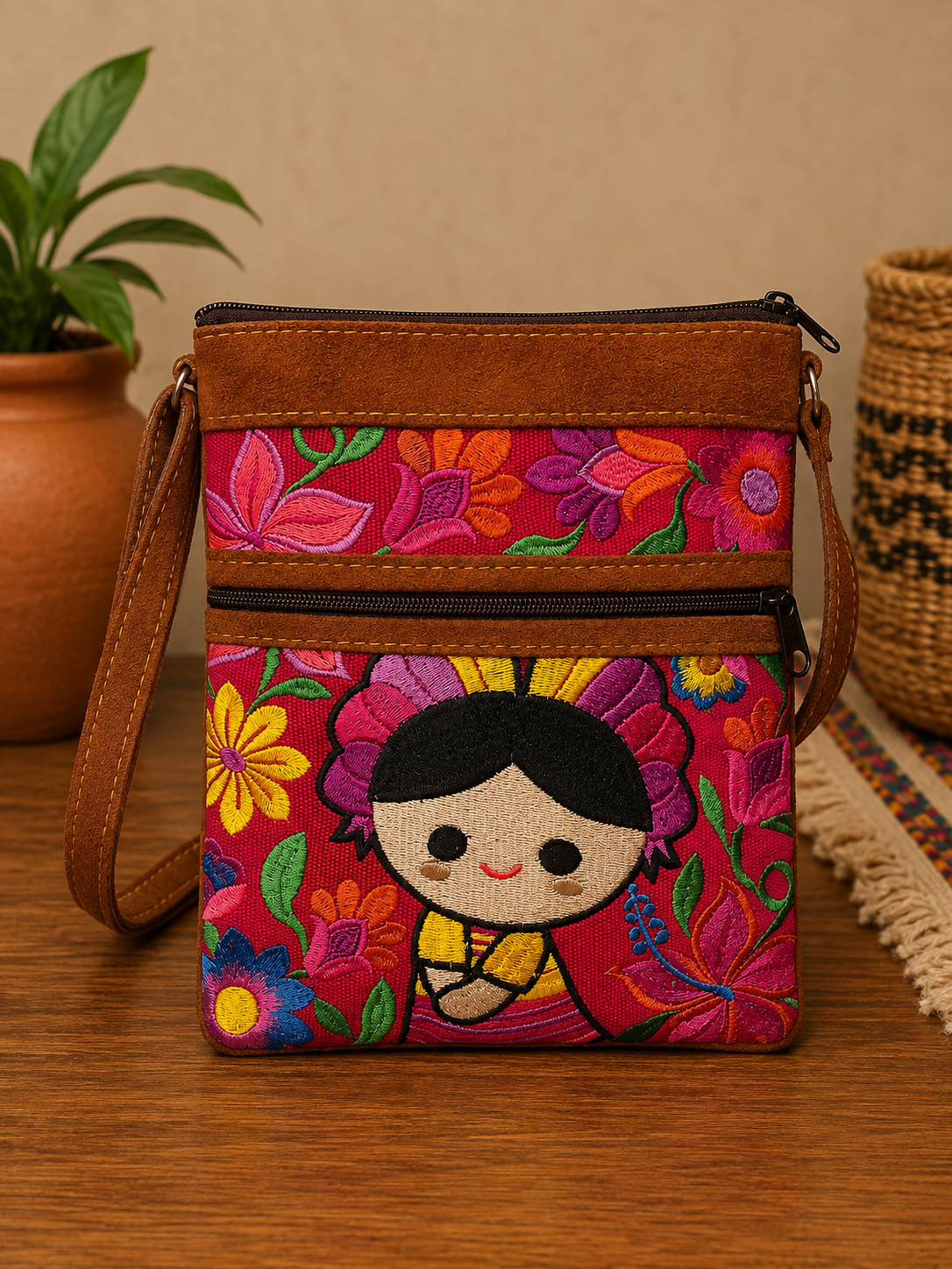 Guatemalan Embroidered "Indi Doll Leathr Crossbody Purse