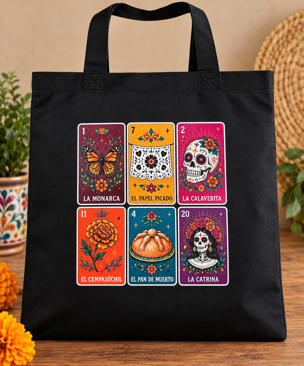 Black Loteria Inspired Day of the Dead Tote Bag