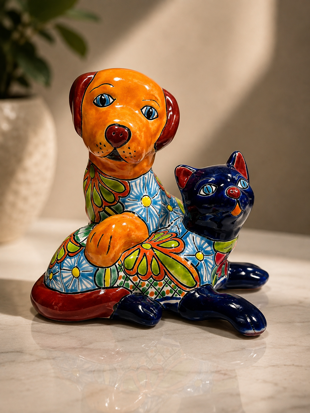 Talavera Dog & Cat Figure