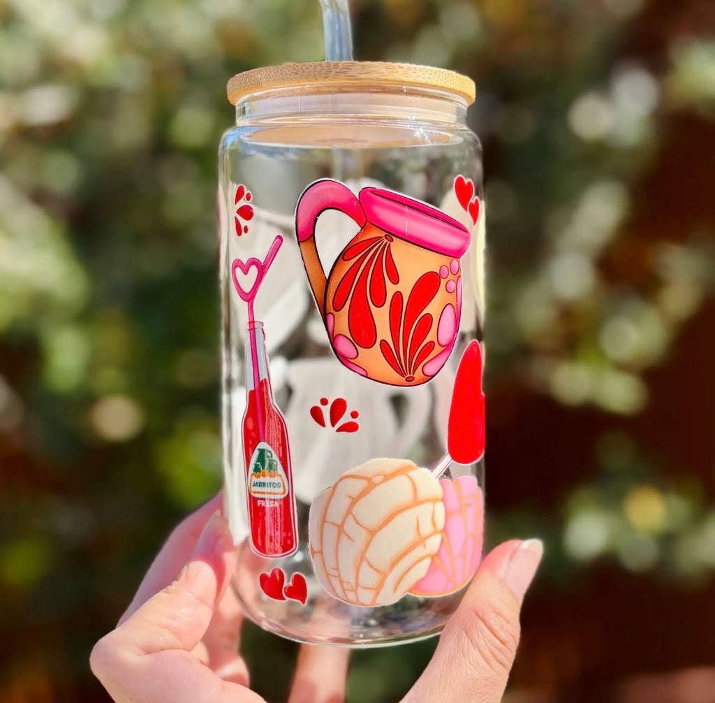 Mexican Inspired Glass Can Cup - 16oz, Bamboo Lid