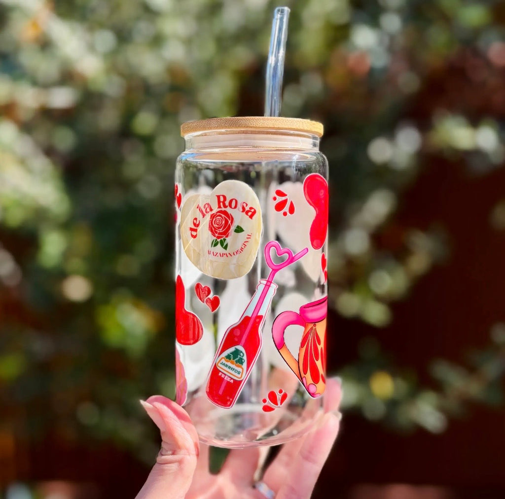 Mexican Inspired Glass Can Cup - 16oz, Bamboo Lid