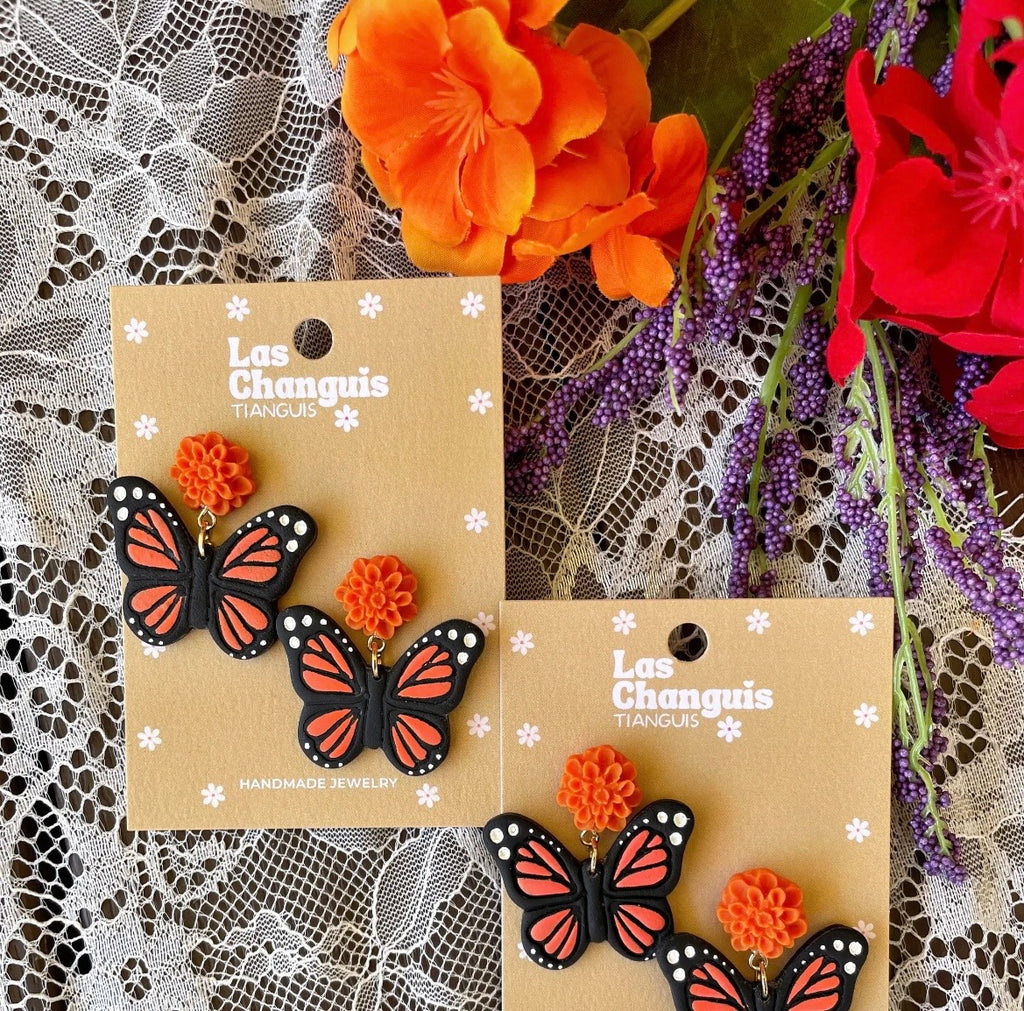 Handmade Moncarch Butterfly Earrings with Cempasúchil Flowers - Day of the Dead Collection