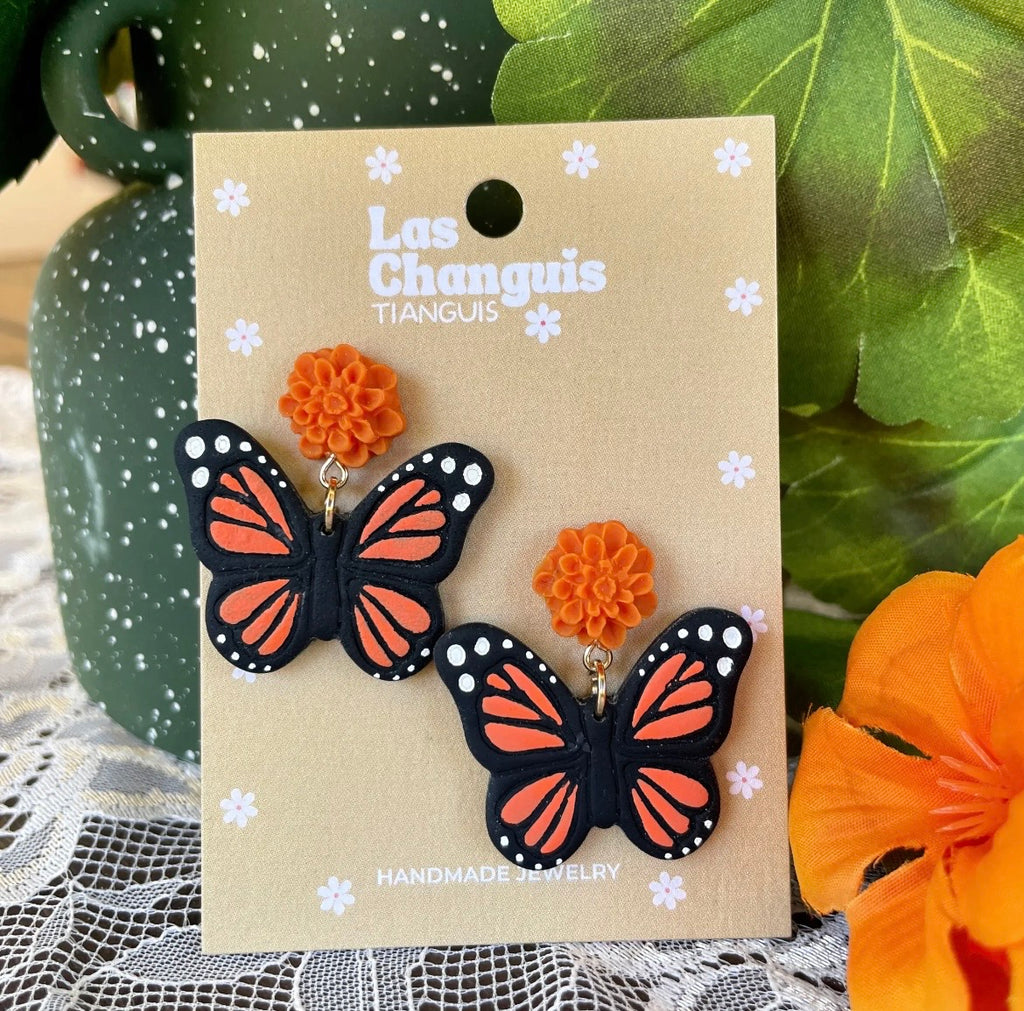 Handmade Moncarch Butterfly Earrings with Cempasúchil Flowers - Day of the Dead Collection