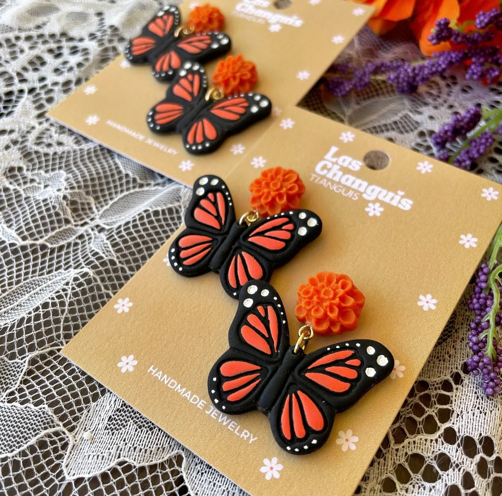 Handmade Moncarch Butterfly Earrings with Cempasúchil Flowers - Day of the Dead Collection