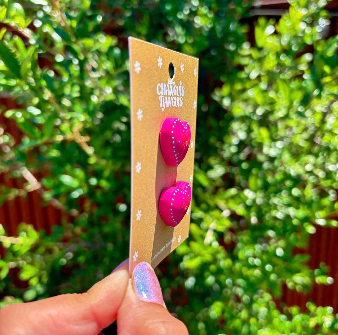 Pink Mexican Heart hand painted polymer clay earrings