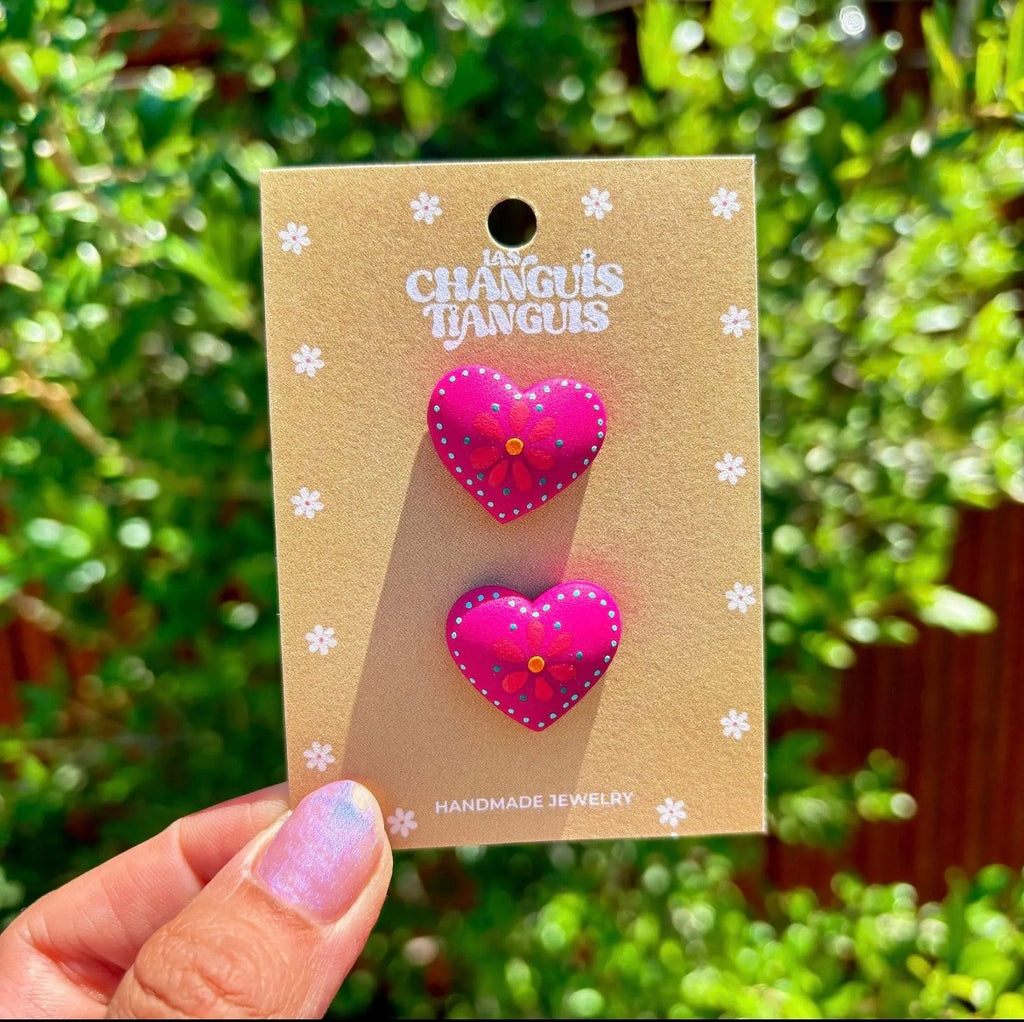 Pink Mexican Heart hand painted polymer clay earrings