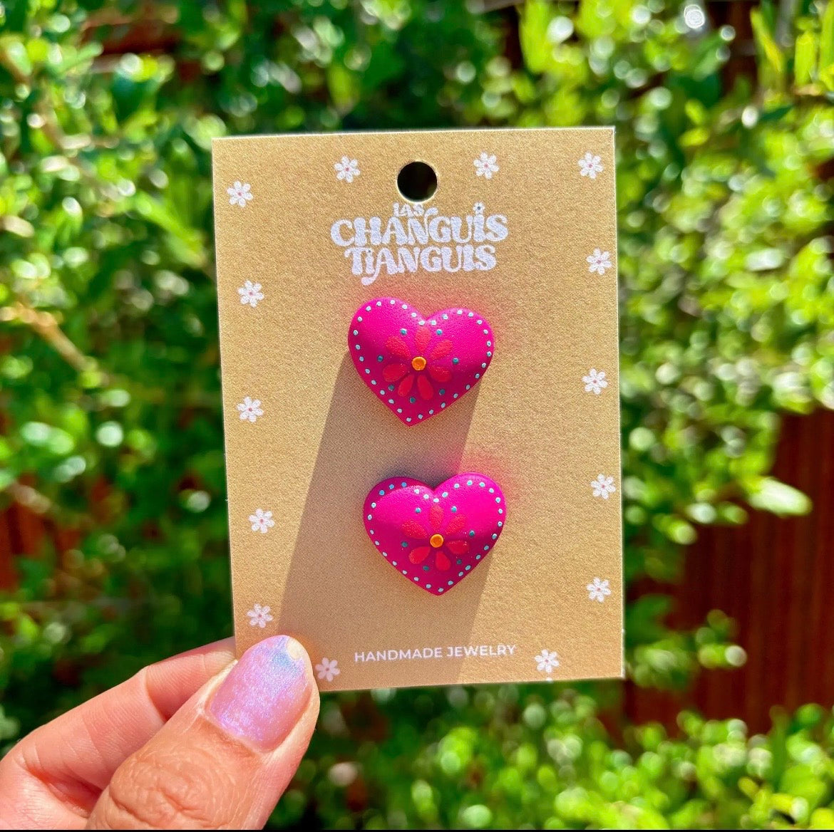Pink Mexican Heart hand painted polymer clay earrings