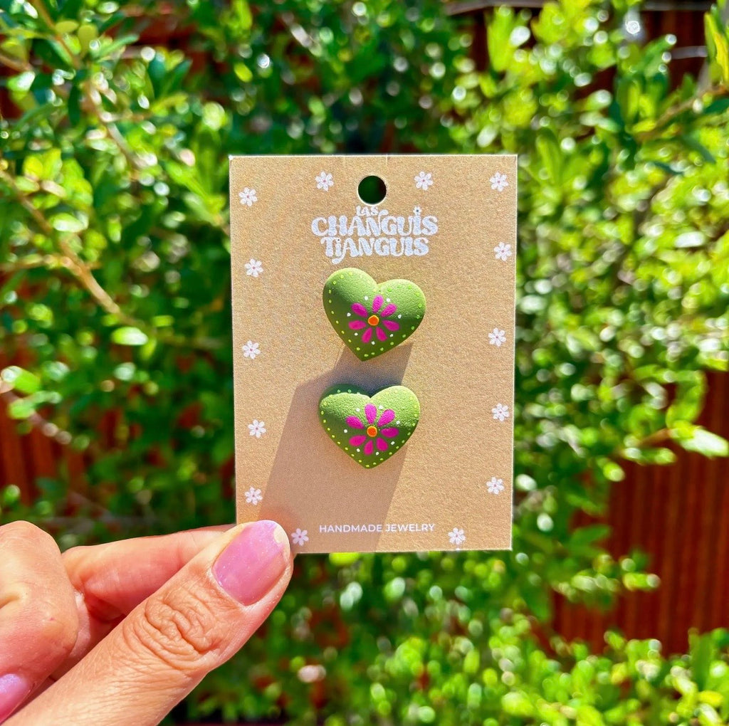 Green Mexican Heart Hand painted Earrings