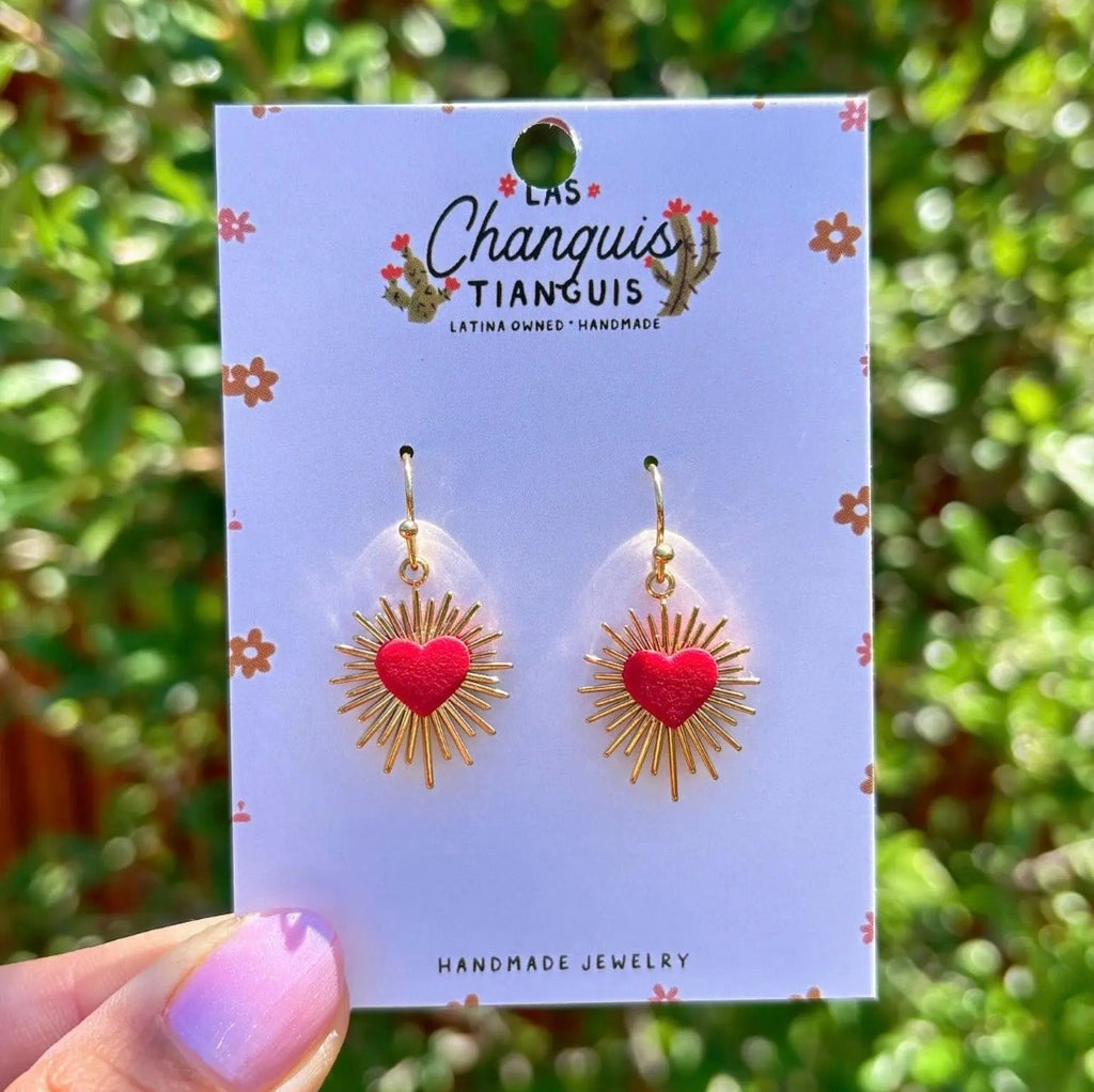 Sacred Heart Burst Earrings - Red & Gold Handmade