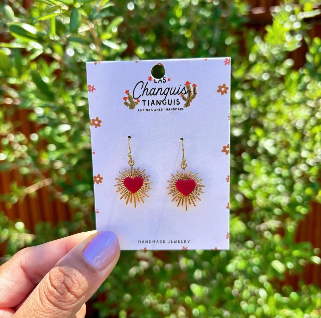 Sacred Heart Burst Earrings - Red & Gold Handmade