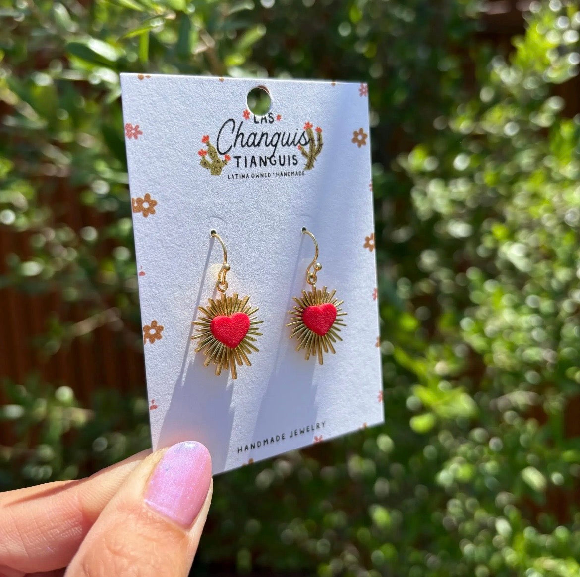 Sacred Heart Burst Earrings - Red & Gold Handmade