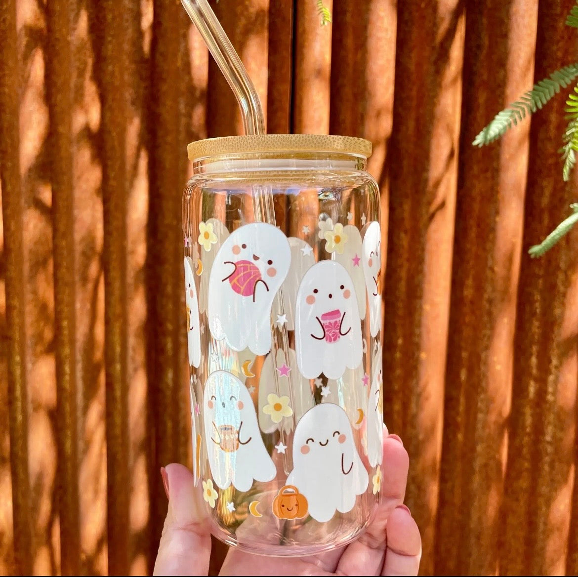 Mexican "Pantasma" Motifs Glass Can Cup - 16oz, Bamboo Lid & Glass Straw