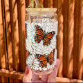 Talavera Monarch Butterfly Glass Can Cup - 16oz Bamboo Lid & Glass Straw