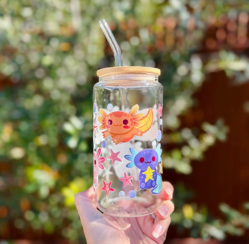 Axolotl Illustrated Glass Can Cup - 16oz, Bamboo Lid & Glass Straw