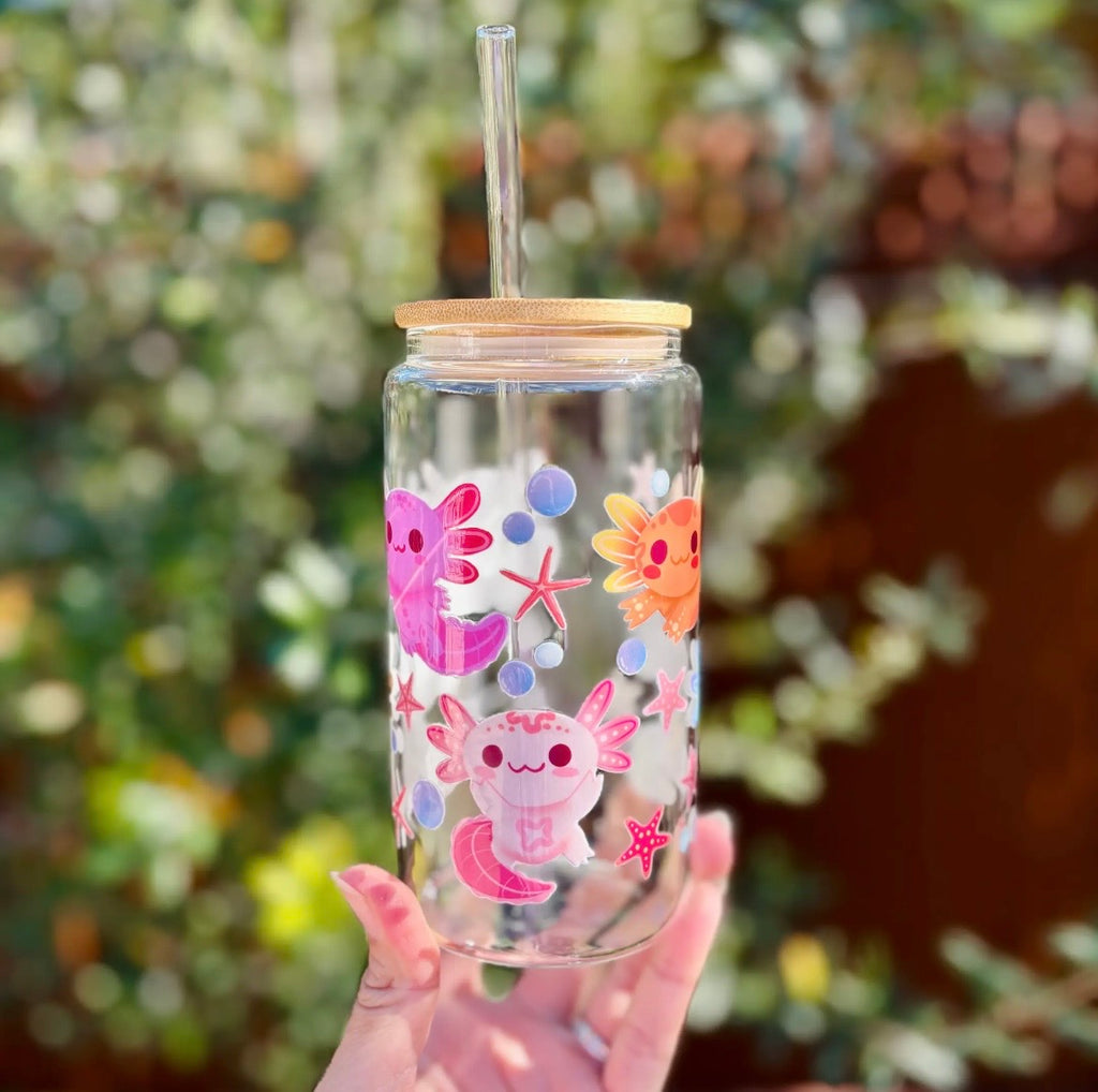 Axolotl Illustrated Glass Can Cup - 16oz, Bamboo Lid & Glass Straw