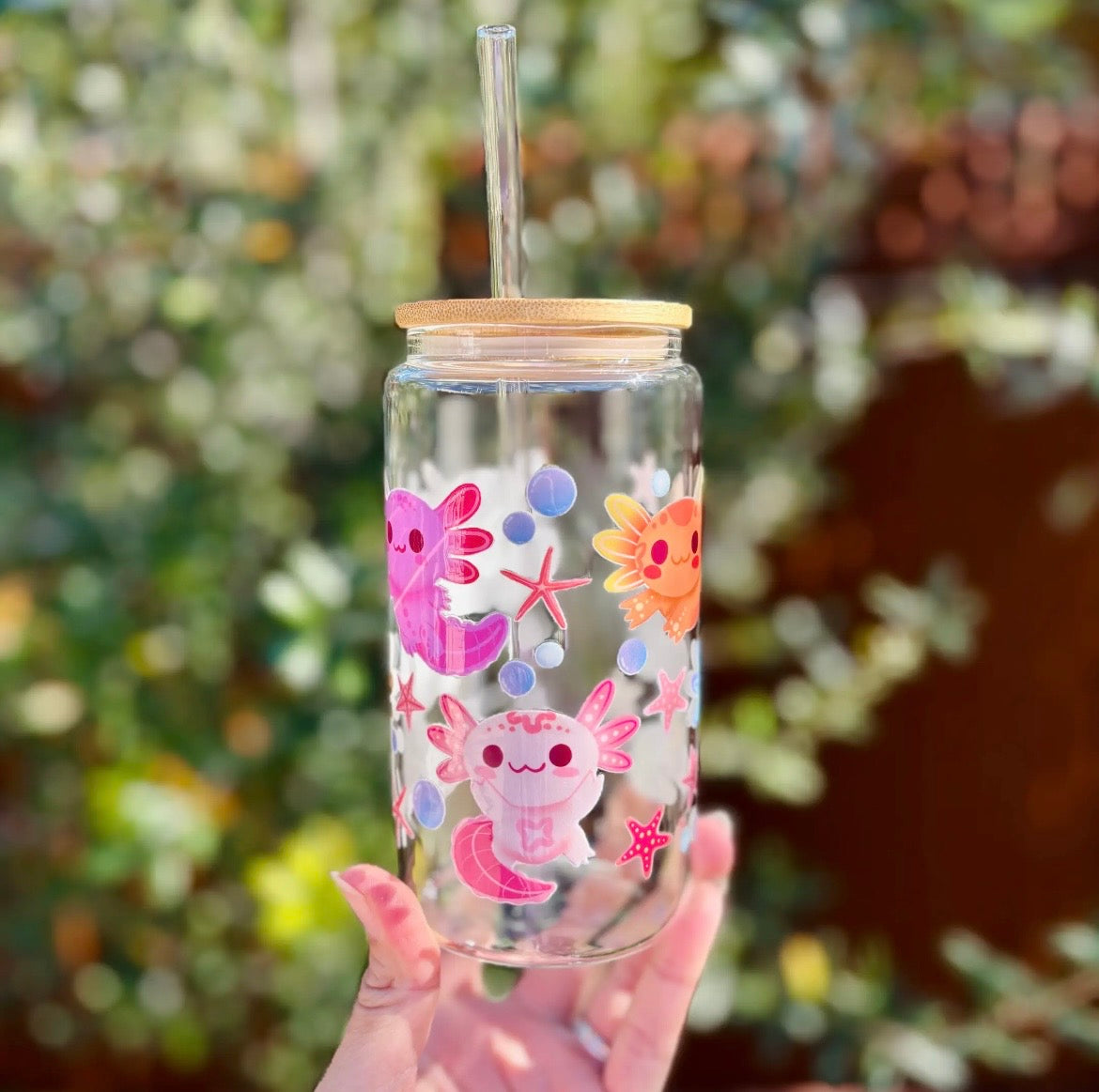 Axolotl Illustrated Glass Can Cup - 16oz, Bamboo Lid & Glass Straw