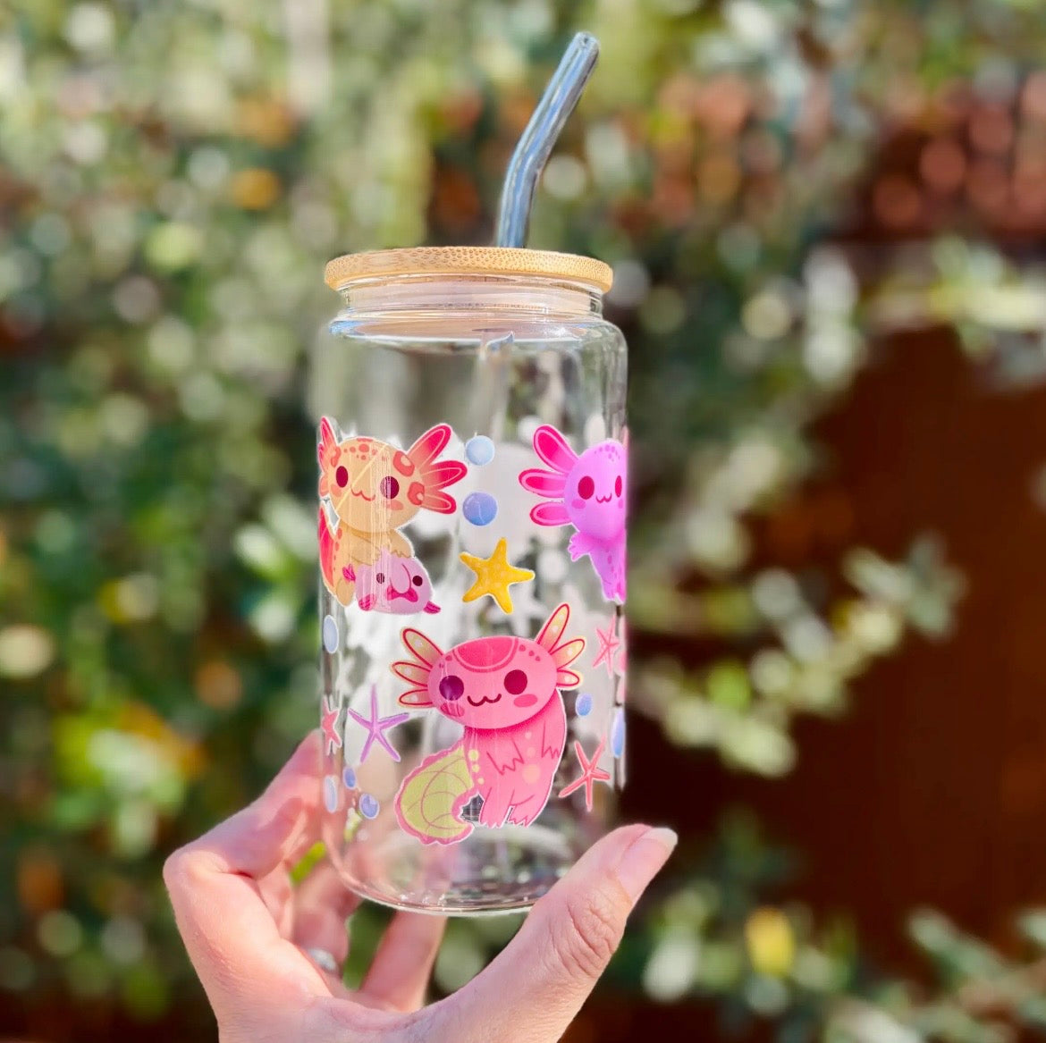 Axolotl Illustrated Glass Can Cup - 16oz, Bamboo Lid & Glass Straw