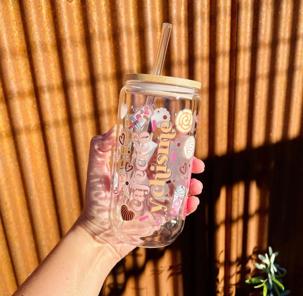 Cafecito Y Cisme Glass Can Cup - 16oz, Bamboo Lid & Glass Straw