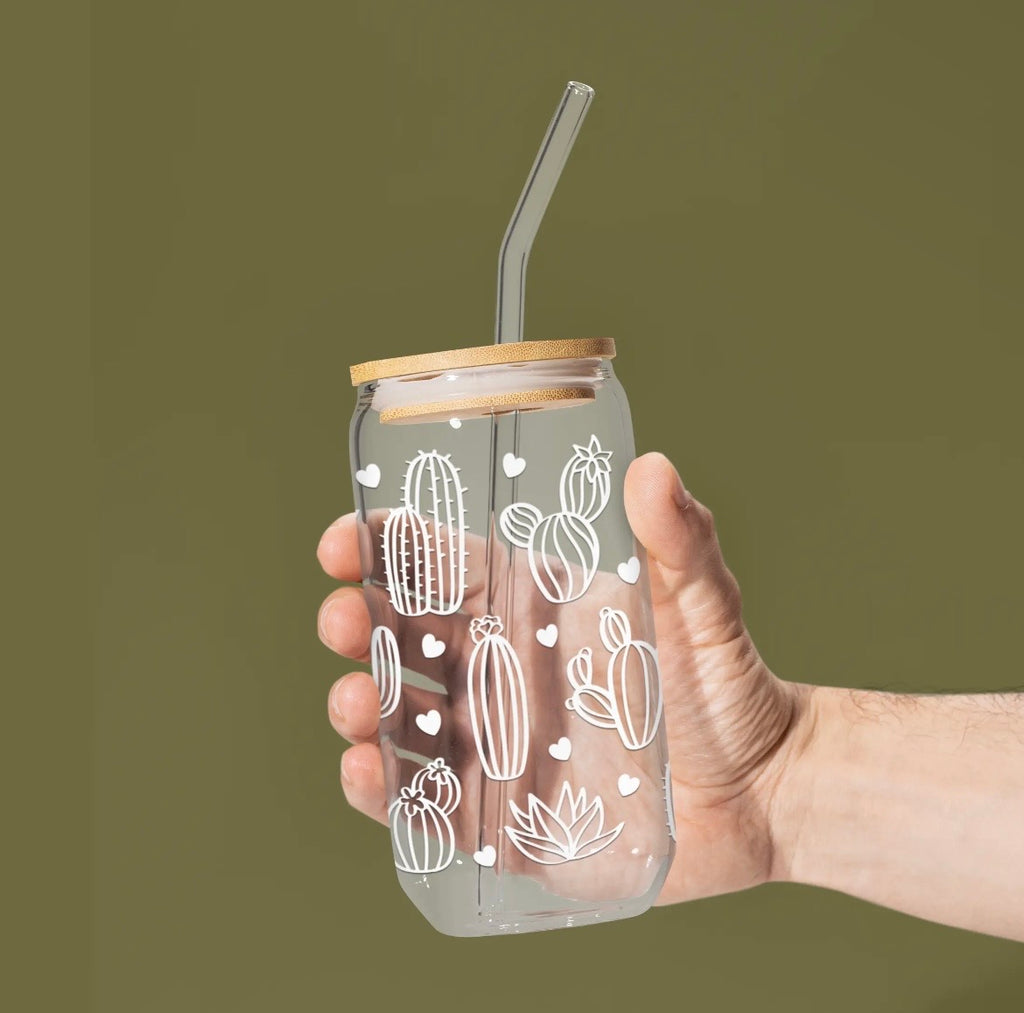 Desert Cactus Glass Can Cup - 16oz, Bamboo Lid & Glass Straw