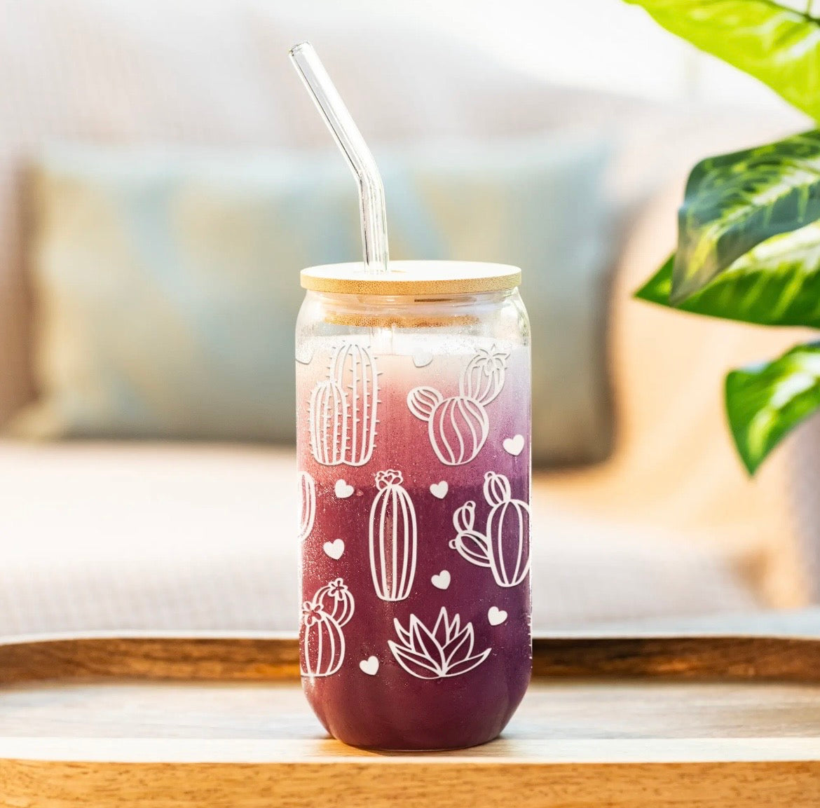 Desert Cactus Glass Can Cup - 16oz, Bamboo Lid & Glass Straw